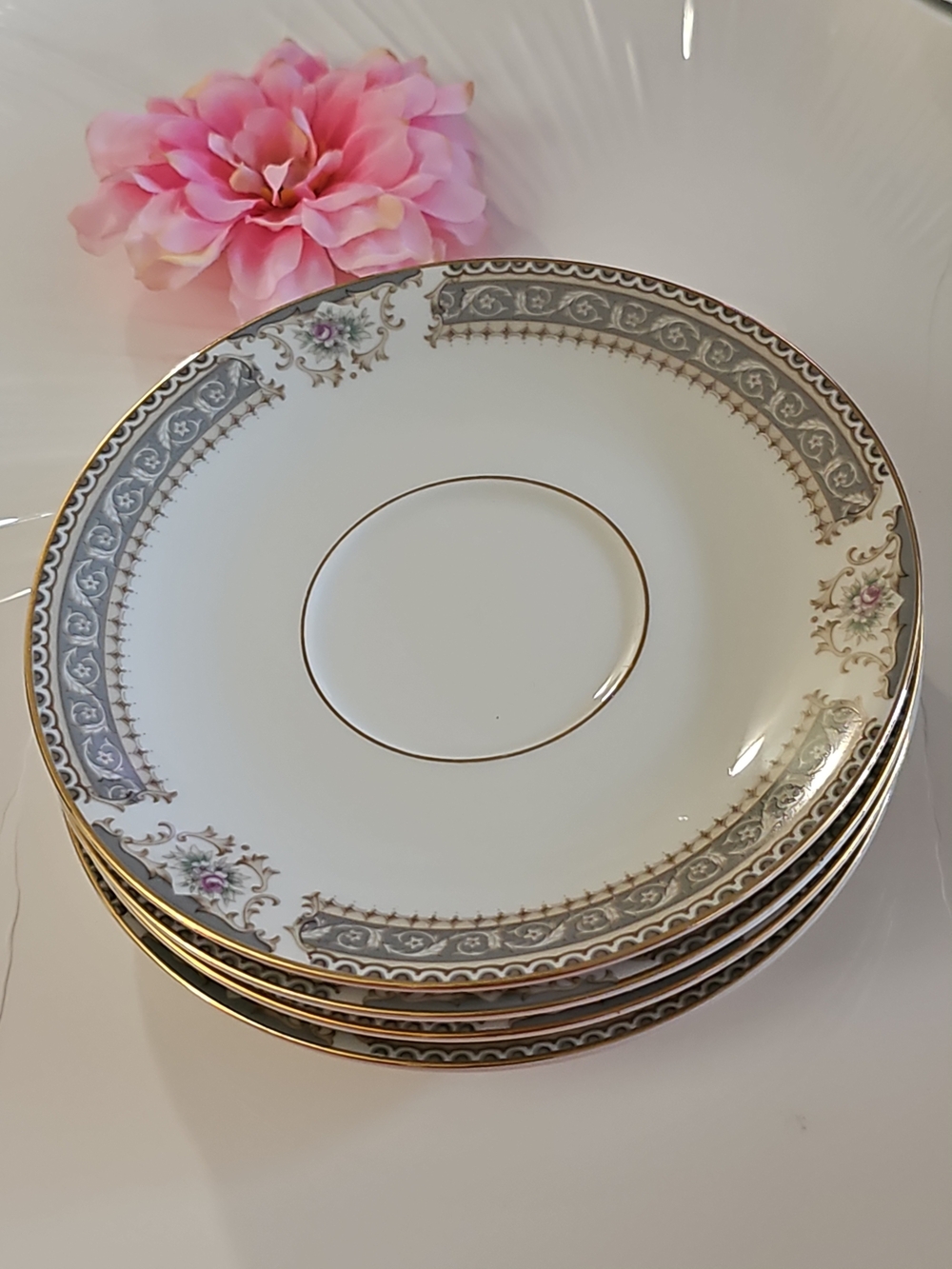 4 - Mikasa Ivory China Porcelain Saucer with Gold Trim and Pink Floral Accents
